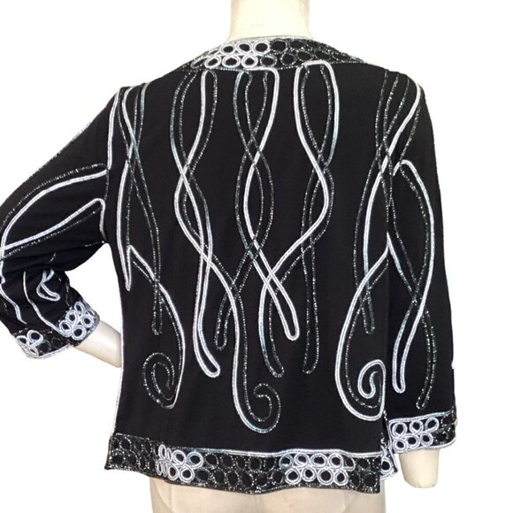 Lauren Michelle Embroidered Flowy Evening Jacket L Black White Silver 224H - Picture 9 of 9